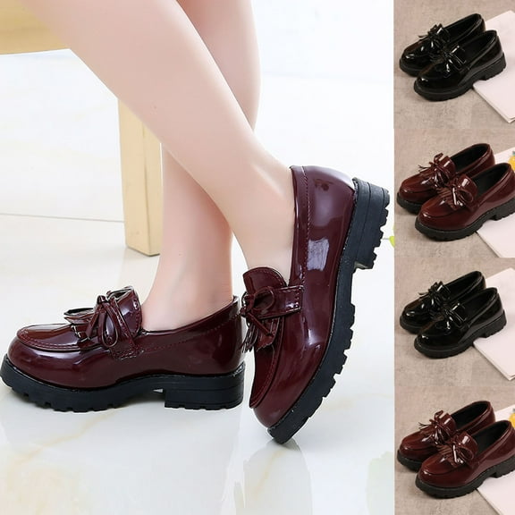 Miluxas Girl's Loafers Slip On Round Toe Velcro Leather Shoes School Uniform Dress Shoes for Girls (Toddler/Little Kid/Big Kid) Red 2.5 M(37)