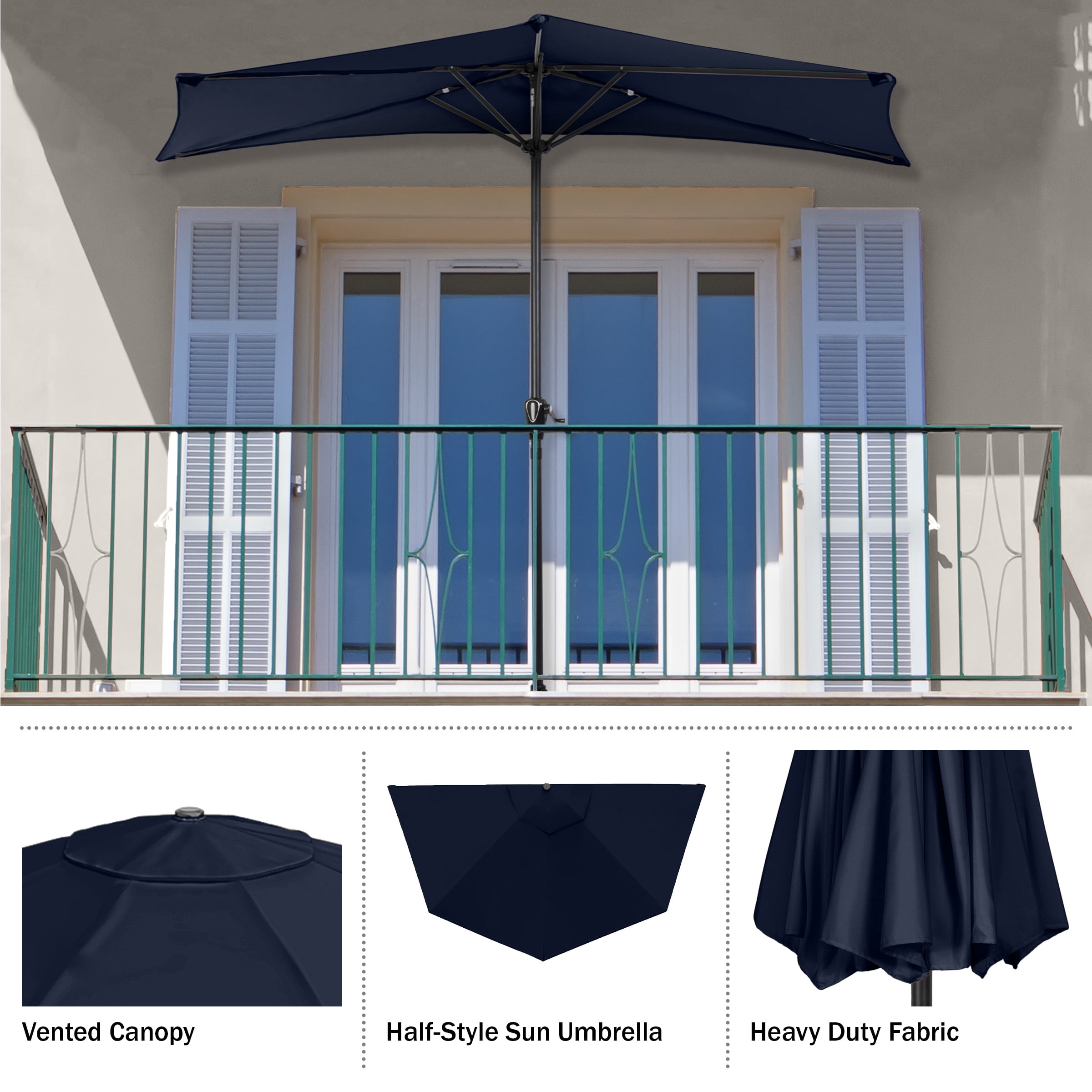 Pure Garden 9ft Half Umbrella for Balcony, Porch, or Deck, Navy Blue