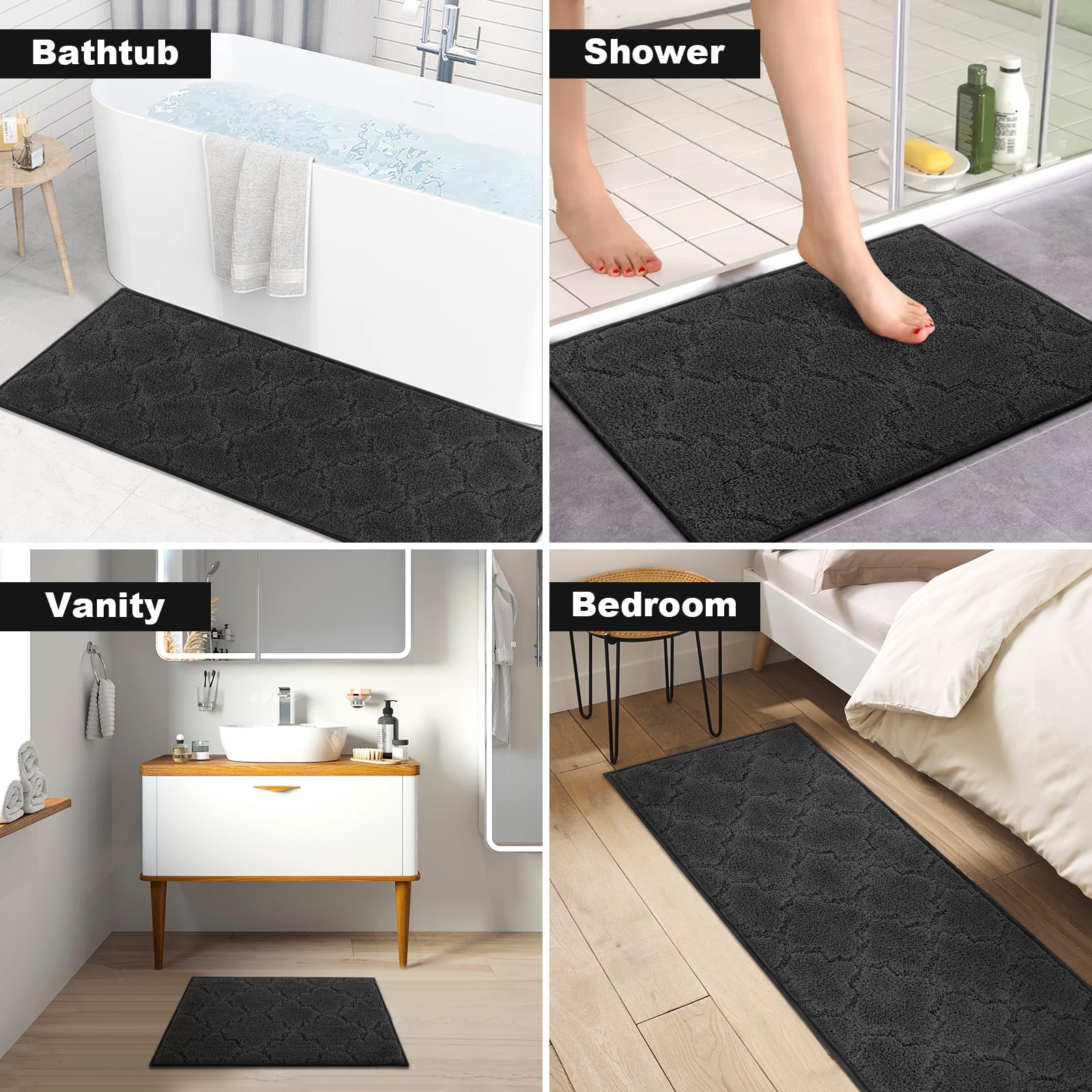 Findosom Bathroom Rugs Sets 4 Pcs with Toilet Lid Cover,U-Shaped Contour Toilet Mat,Non-Slip Machine Washable Absorbentb Rugs and Mats for Bathroom Floor Mats Microfiber Shaggy Bath Rug,Black