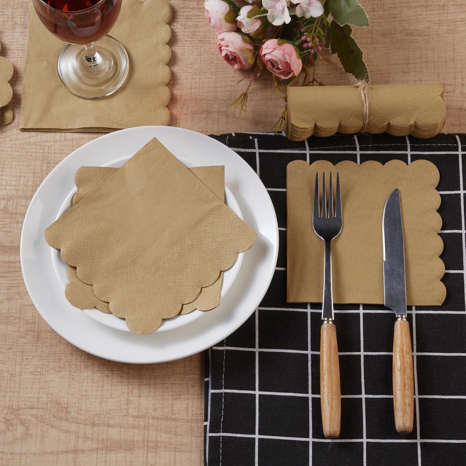 200 Pack Cocktail Napkin 2-Ply Scalloped Edged Dessert Napkins Folded 5 x 5 Inches Disposable Napkins for Dinner Wedding Birthday Party Bridal Anniversary Reception Event (Brown)