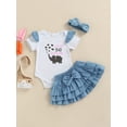 thumbnail image 2 of 2023 Toddler Babt Girl  Valentines Day Summer Outfits Letter Elephant Print Round Neck Short Sleeve Romper+ Skirt+ Headband (White, 9-12 Months), 2 of 9