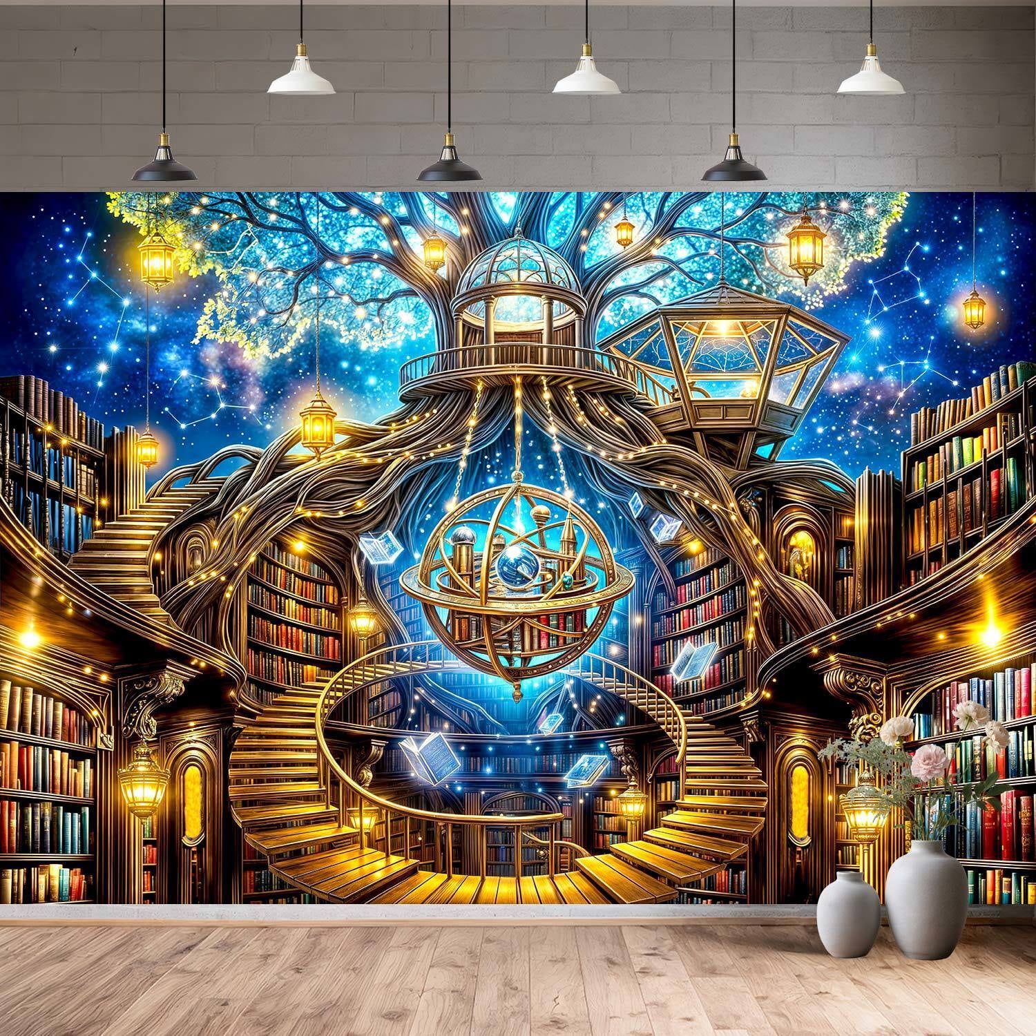 10x8ft Magic Library Photography Backdrop, Fantasy Tree Library with Armillary Sphere Starry Sky Background, Enchanted Bookstore Decor for Book Lovers Reading Birthday Party Photo Booth