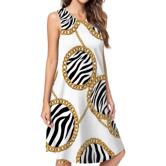 Zebra Print Gold Chain Pattern Spring Summer Dresses For Women Fashion Dress Casual Sleeveless Loose Sundress With Pockets