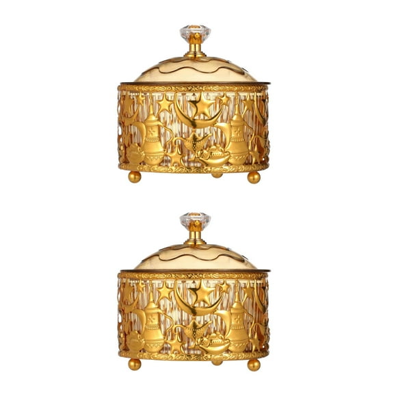 Masteelf 2pcs Snack Serving Tray Metal Ramadan Tray With Dome Lid Cake Container Candy Bowl Reusable Dessert Holder Round Food Storage Organizer For Nuts Candies Sweet Cookies