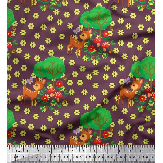 Soimoi Rayon Fabric Floral,Tree & Deer Kids Print Sewing Fabric Yard 56 Inch Wide