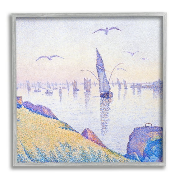 Stupell Industries Seagulls and Sailboat Coast Sunrise Morning Pointillism Painting, 12 x 12, Design by Steve Hunziker