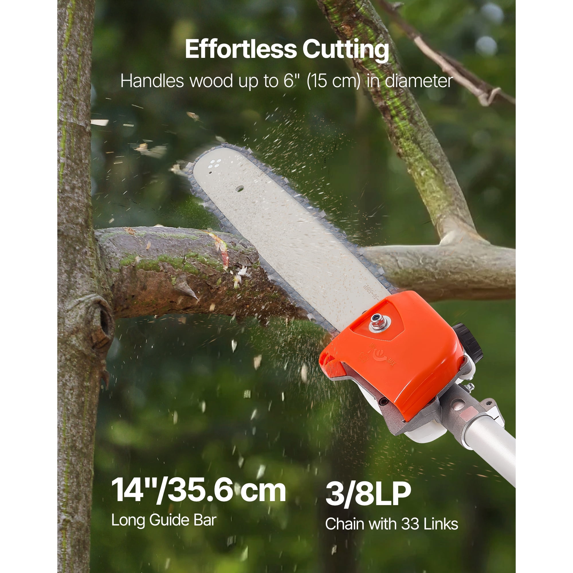 KFFKFF Gas-Powered Pole Saw, 52CC 2-Stroke Engine with 14-Inch Cutting Bar, Cordless Tree Trimmer Featuring 30 fl.oz Fuel Tank, Adjustable Length from 7.2 to 10 ft, Efficient Chainsaw