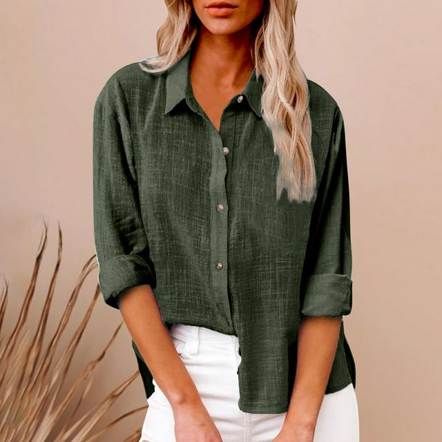 AherBiu Plus Size Women Button down Tops Long Sleeve Lapel Collar Linen Tops Fall Casual Solid Color Cotton Blouses