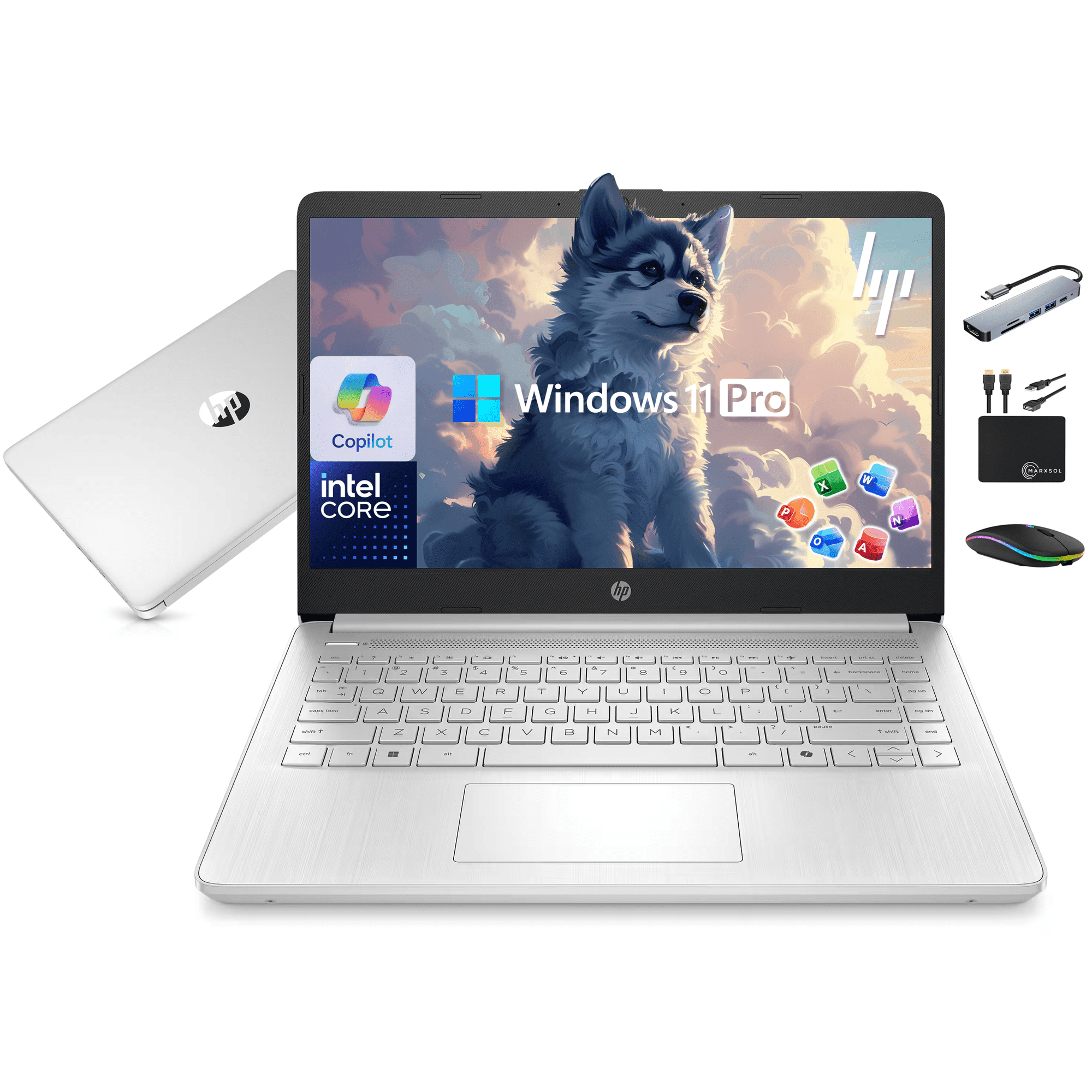 HP 14" Laptop 2026 Business Student Computer, Lifetime MS Office, Win 11 Pro, 4-Core Intel CPU, 16GB RAM, 628GB Storage (128GB UFS+500GB Ext), Copilot AI, Slim, MarxsolAccessory, Wi-Fi 6, Silver