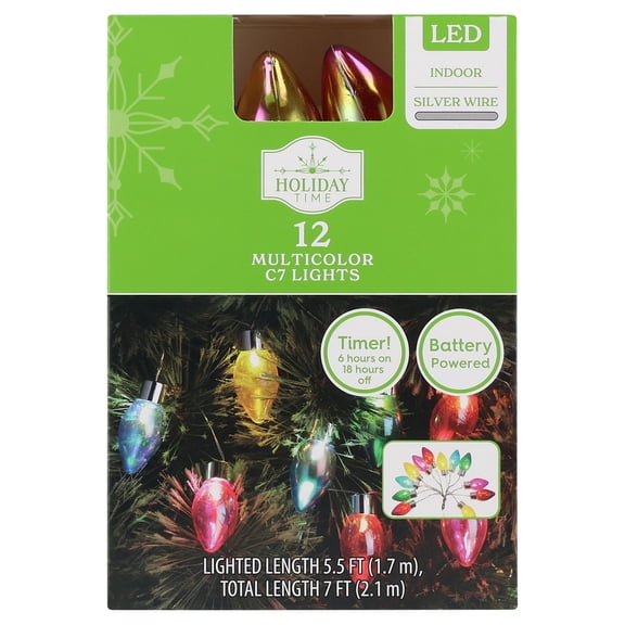 Indoor 12-Count Battery-Operated LED C7 Christmas String Lights, Multicolor, Silver Wire, 5.5', by Holiday Time