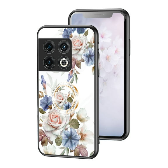 Case For OnePlus 10 Pro 5G Beautiful Glass Texture Metal Ring Kickstand Flower Pattern Luxury Magnetic Car Mounts Shockproof Protective Cover For OnePlus 10 Pro 5G,White