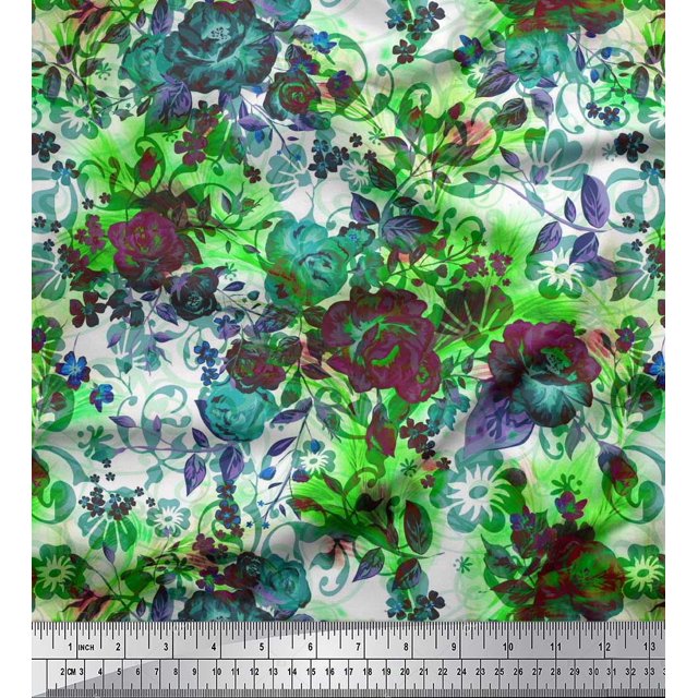 Soimoi Tissu en Velours Imprimé Feuilles & Roses au Mètre 58 Pouces de Large