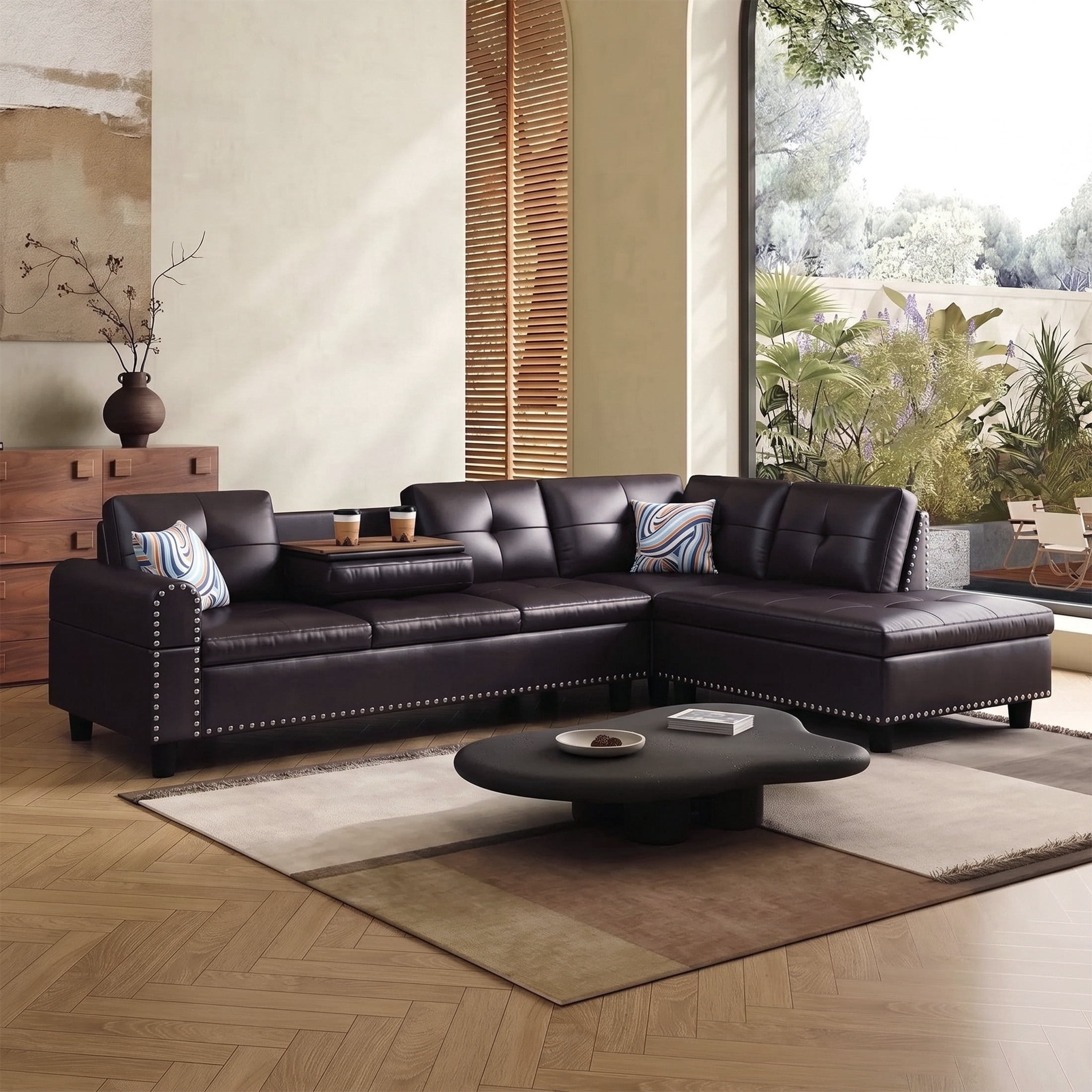 AENKYO 98" L-Shaped Sectional Sofa with Reversible Chaise and Cup Holders, Faux Leather, Brown