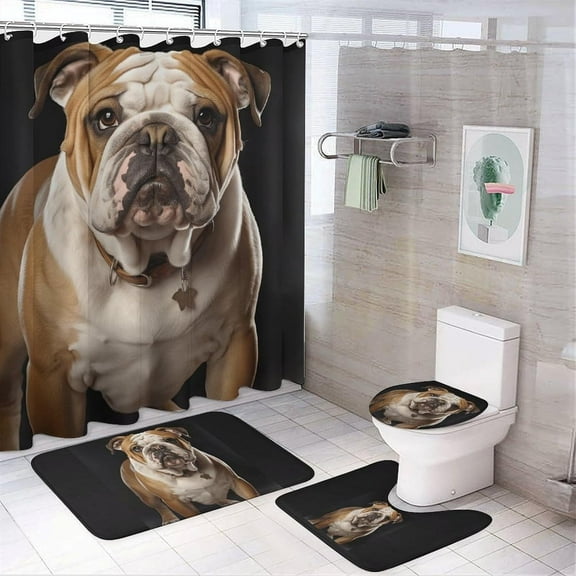 Bath Rug Set 4 Piece English-Bulldog Print 4 Piece Bathroom Rug Set,Four Piece Bathroom Sets Including Shower Curtain Sets and Hooks