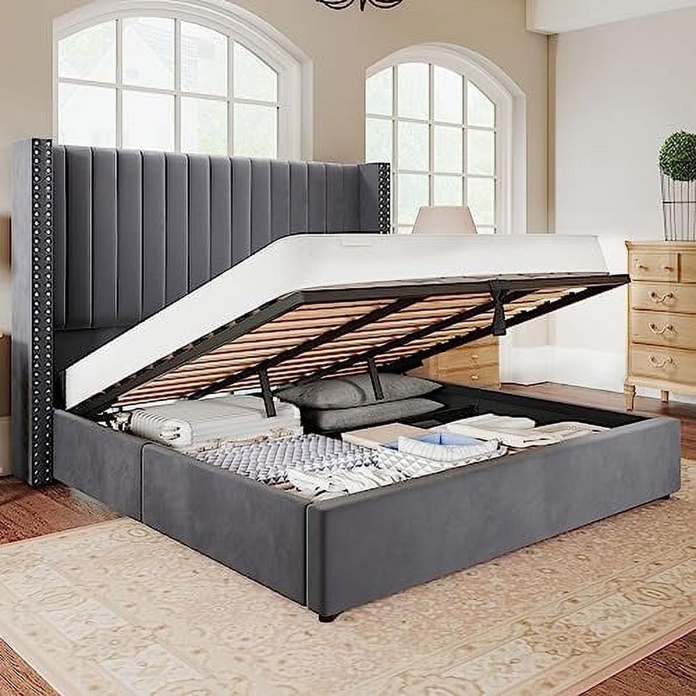 Merluxy King Bed Frame Lift Up Storage Bed, Velvet King Upholstered Bed Frame/Channel Tufted Wingback Headborad/No Box Spring Needed/Gray