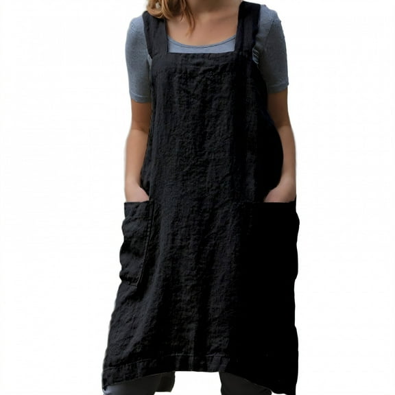 AUQ Aprons for Women with Pockets,Cotton-Linen Fabric Gardening Apron,Shape-Sustaining Apron with Pockets,Black,4Xl
