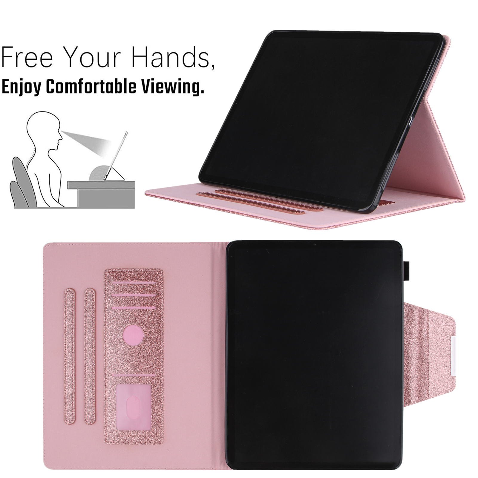 TECH CIRCLE for iPad Pro 13-Inch M4 Case 2024, PU Leather Folio Case with Auto Sleep Wake & Stand Function, Built-in Pencil Loop & Card Slots & Pocket, Protective Glitter Shimmer Cute Cover, Rosegold