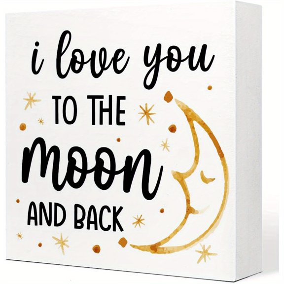 I Love You to the Moon & Back Wooden Box Sign - Modern Love Heart with Golden Stars, Valentine's、Wedding、Anniversary Gift for Couples, Bedroom、Shelf Decor, 5x5 Inch