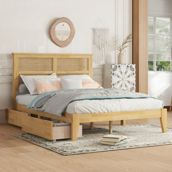Full Size Bed with Rattan - 2 Storage Drawers, Rubber Wood, White Oak