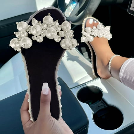 

Women S Slippers Women S Pearl Fashion One-Word Slippers Flat Large Size Sandals And Slippers Shoes For Women Pu Black 38