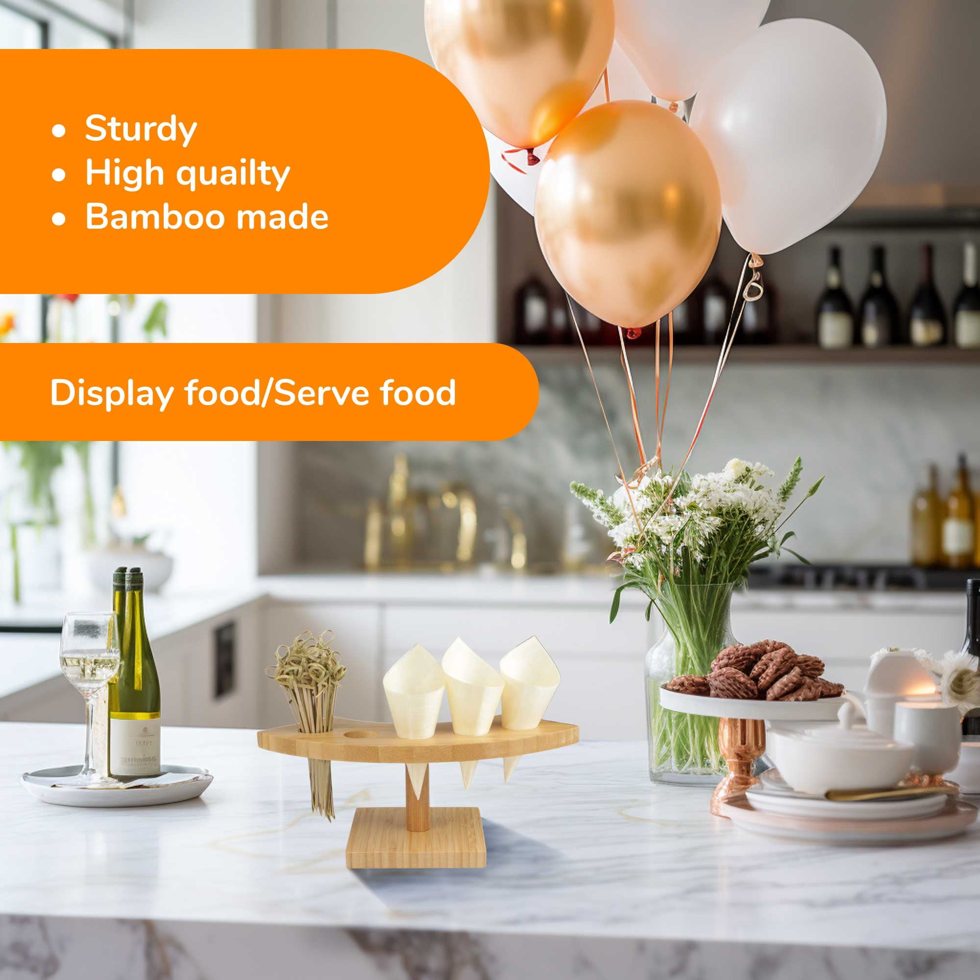 BambooMN 10 Inch Natural Bamboo Crescent Food Cone Display Tamaki Stand, With Wood Cones and Skewer Picks, 1 Set