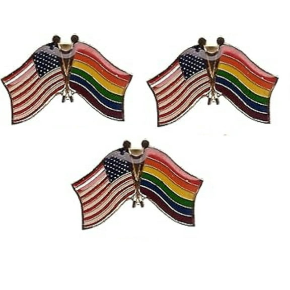 Rainbow & US Crossed Double Flag Lapel Pins, Pack of 3