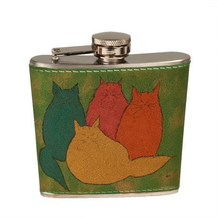 

KuzmarK 6 oz. Leather Pocket Hip Liquor Flask - Pastel Maine Coon Kitties Abstract Cat Art by Denise Every