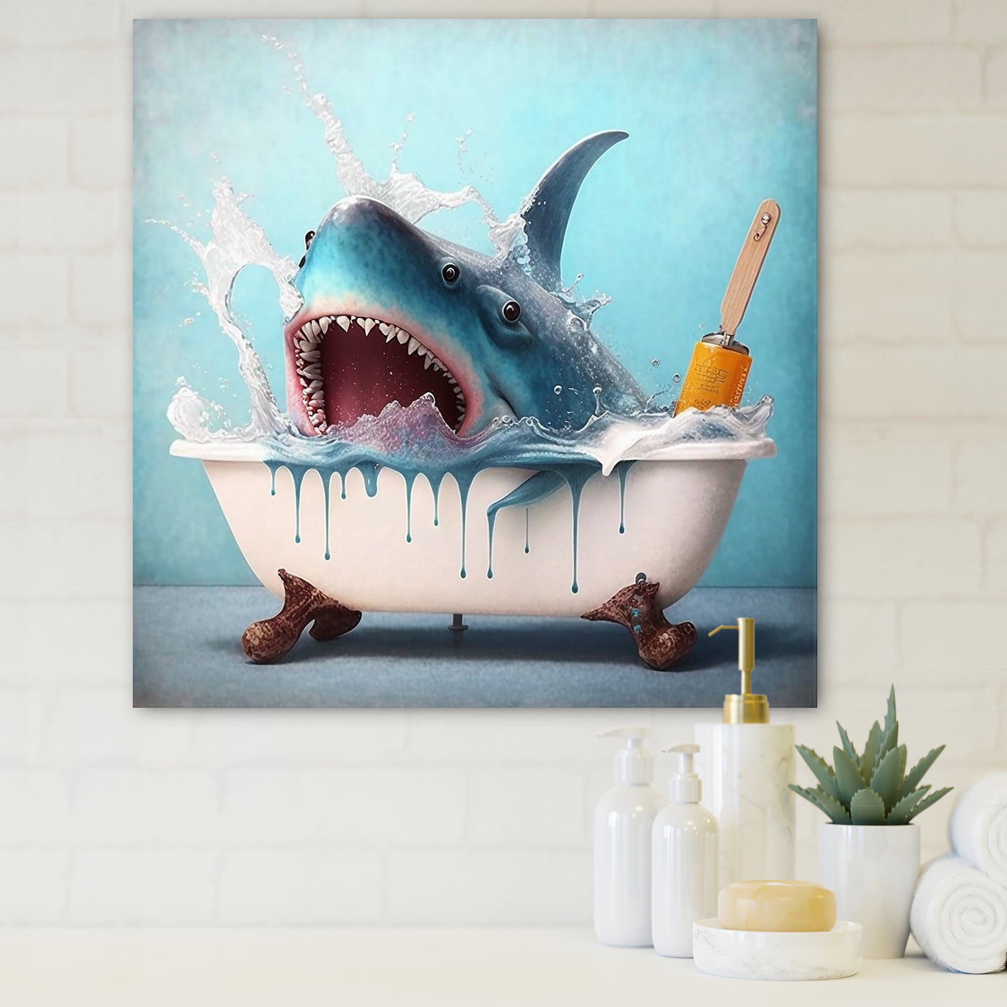 Designart Funny Shark In A Tub II Canvas Wall Art