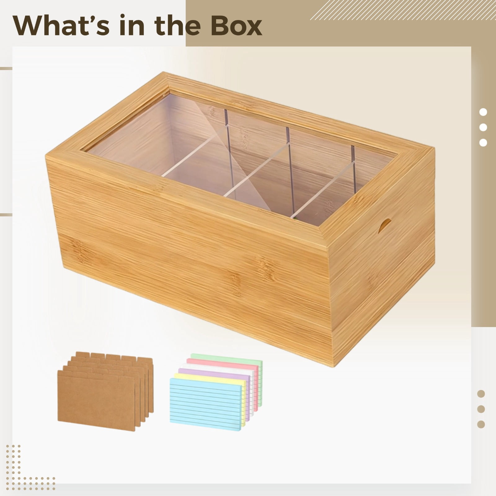 Pine Wood 3x5 Indexes Card Holder with Clear Cover, Desk Organizer Storage Box 10 x 5.9 x 4 in, 4-Section Flip-Top Design for Recipe Cards, Business Notes, Office Supplies