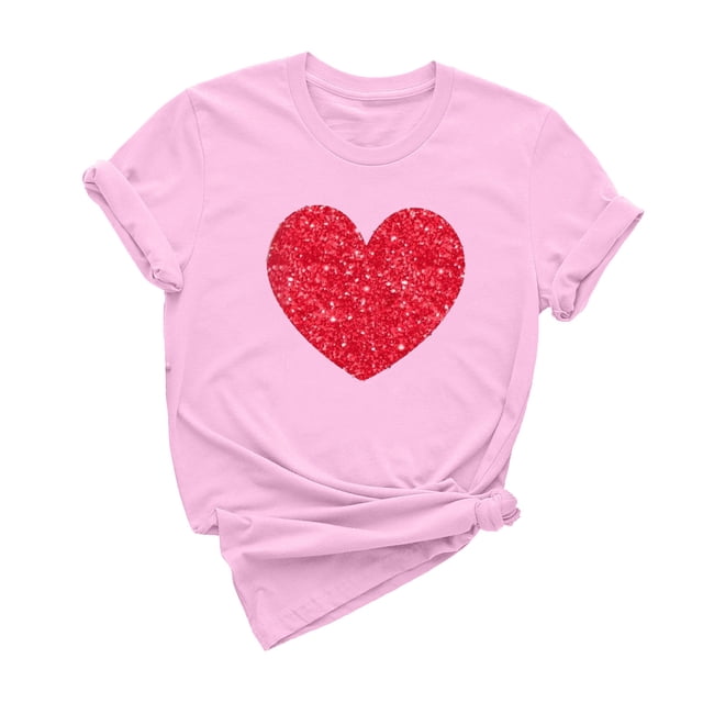 Dealovy T-Shirts pour Femmes Manches Courtes Col Rond Mignon Cœur Imprimé Couleur Unie Décontracté Été T-Shirts Unis