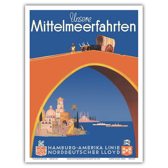 Mediterranean Cruises - Hamburg-American Line HAPAG - Vintage Ocean Liner Travel Poster by Albert Füss 1930 - Master Art Print (Unframed) 9in x 12in
