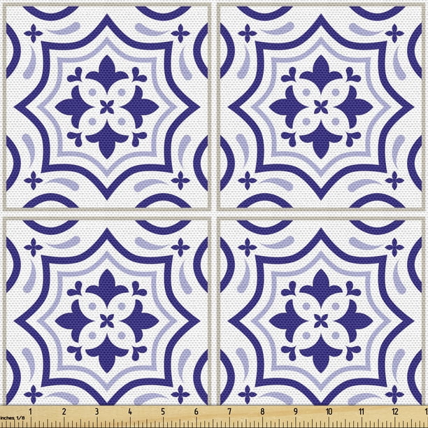 Navy Blue Fabric by The Yard, Portuguese Tile Design