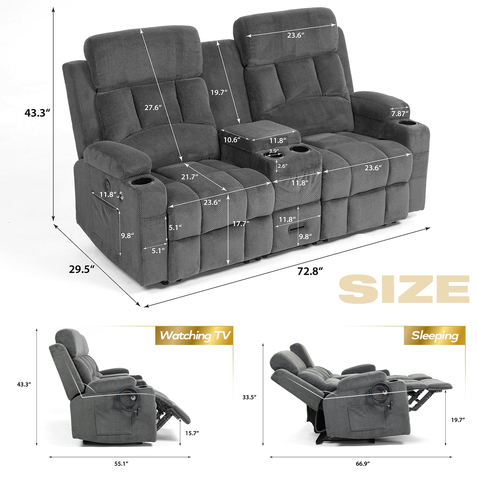 ReeQuo Oversized Reclining Loveseat with Adjustable Headrest, Dual Storage Console, USB & Type-C Charging, 4 Cup Holders & Phone Stands – Comfortable 2-Seater Recliner Sofa