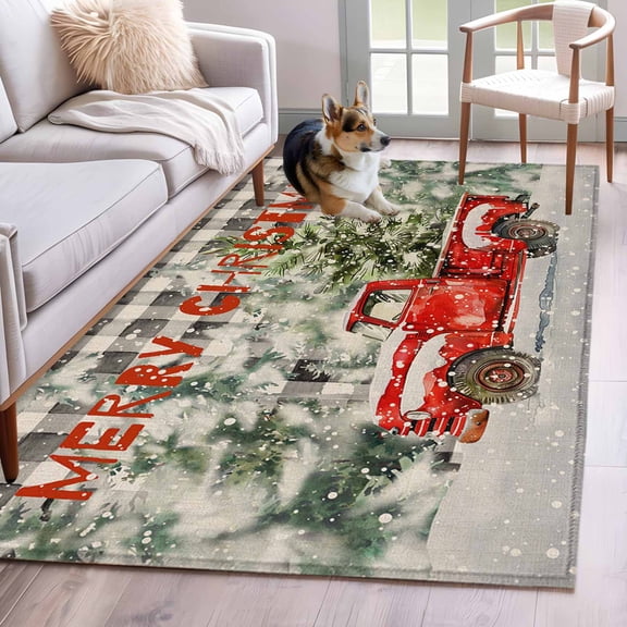 2.7'x5' Area Rugs, Black Christmas Indoor Outdoor Area Rug for Living Room Bedroom, Red Truck Xmas Tree Snowflake Washable Bathroom Rugs Kitchen Floor Carpet Mats Home Decor Aesthetic