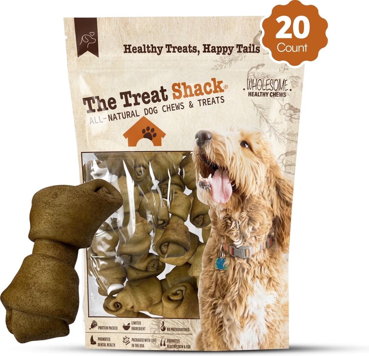 Knotted 4 to 5-in Peanut Butter Flavor Rawhide Bone Dog Treats, 20 CT