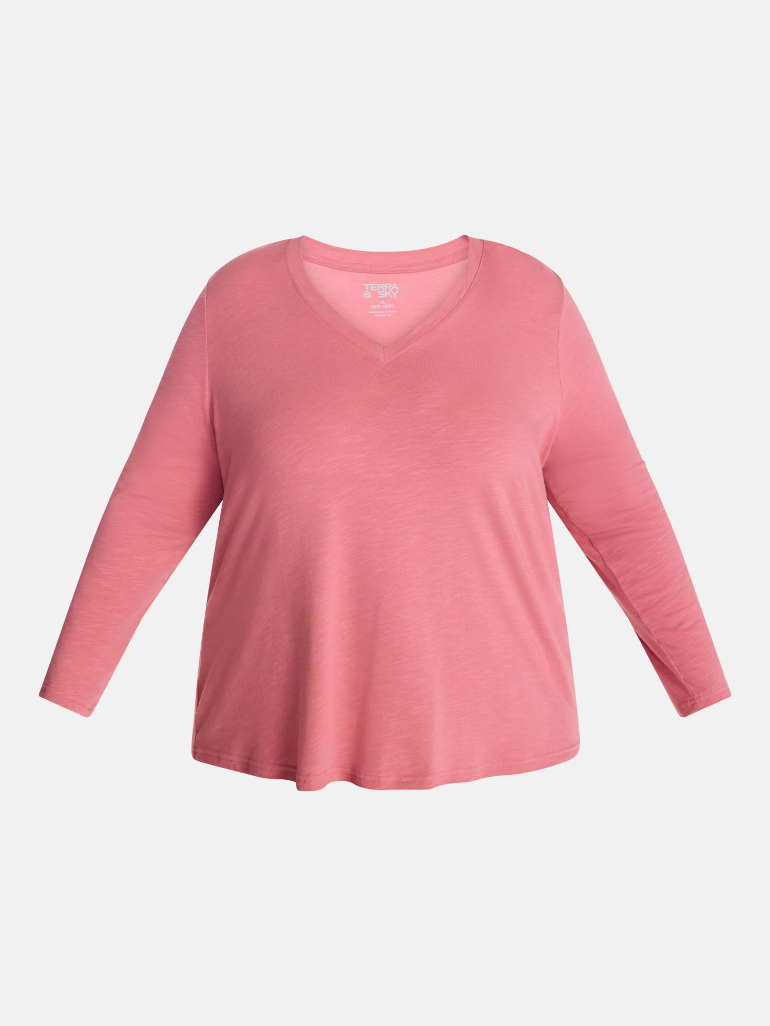 Terra & Sky Women's Plus Size V Neck Tee with Long Sleeves, Size 0X-5X