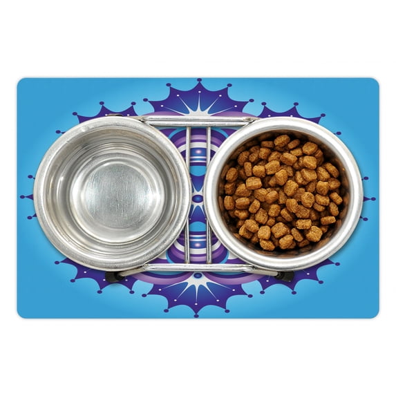 Mandala Pet Mat for Food and Water, Middle Eastern Motif with Petals and Geometric Shapes on Blue Toned Background, Non-Slip Rubber Mat for Dogs and Cats, 18" X 12", by Ambesonne