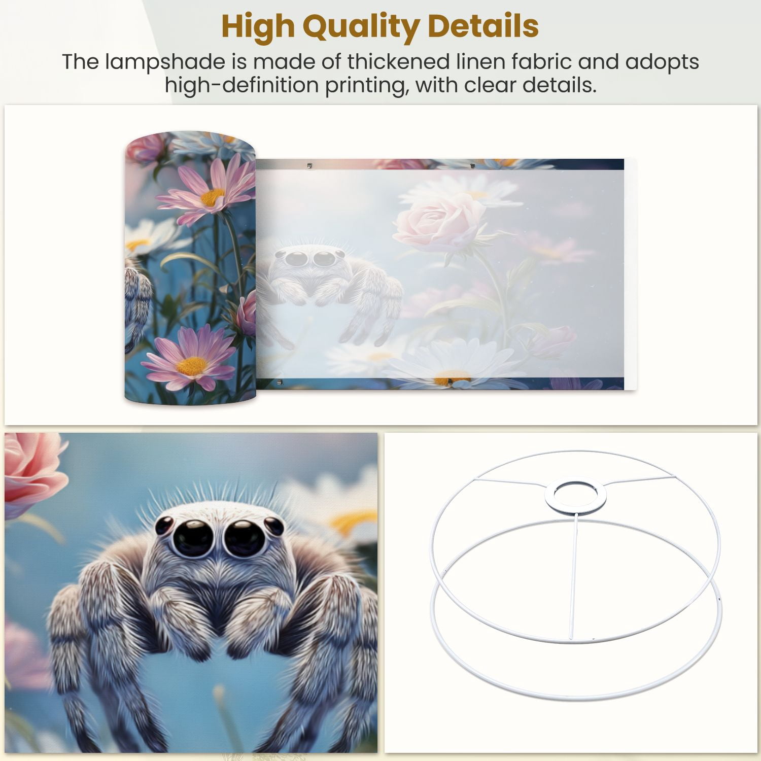 Gothic Lampshades 2 Pack Cute Furry Jumping Spiders Soft Pastel Flowers 13"x13"x10" Light Shade for Table Lamps Floor Lamp Shades Lampshade Replacement Easy Assembly