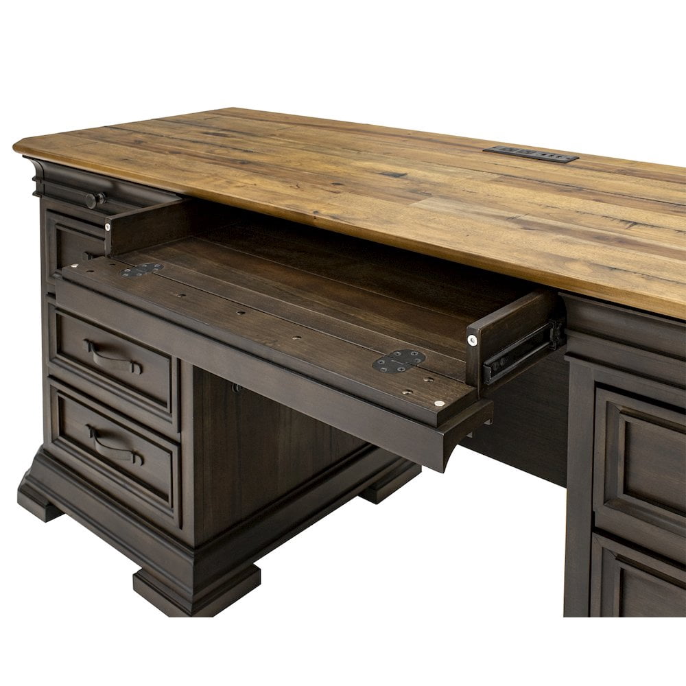 Executive Credenza Desk Writing Table With Solid Wood Plank Top Brown