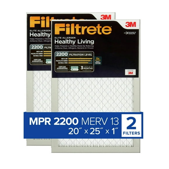 Filtrete 20x25x1 AC Furnace Air Filter, MERV 13, MPR 2200, Elite Allergen, Bacteria & Virus Filter, 3-Month Pleated 1-Inch Electrostatic Air Cleaning Filter, 2-Pack (Actual Size 19.69x24.69x0.78 in)