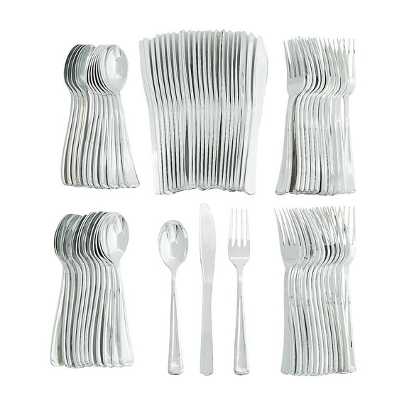 Fun Express 72 Pieces Premium Metallic Silver Plastic Cutlery Set for 24 Guests