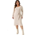 thumbnail image 3 of DARING DIVA Plus Size Round Neck Long Sleeve Ribbed Knit Midi Dress 1X Apricot, 3 of 6