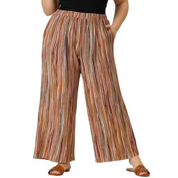 Agnes Orinda Women's Plus Size Palazzo Pants Stripe Boho Wide Leg Paper Bag Pant Beach Casual Summer Trousers 2X Brown