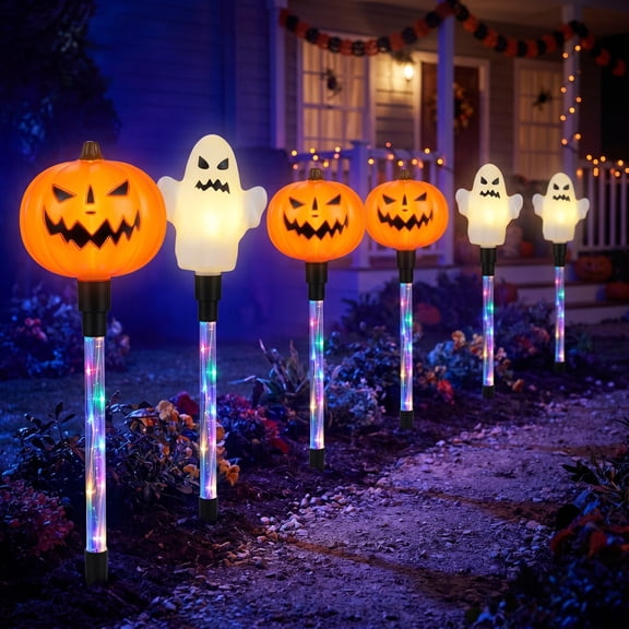 Halloween Pumpkin and Ghost Stake Lights, Glowing Multi-Color LED Yard Pathway Decorations, Waterproof Garden Stakes for Outdoor Walkway and Halloween Party Display