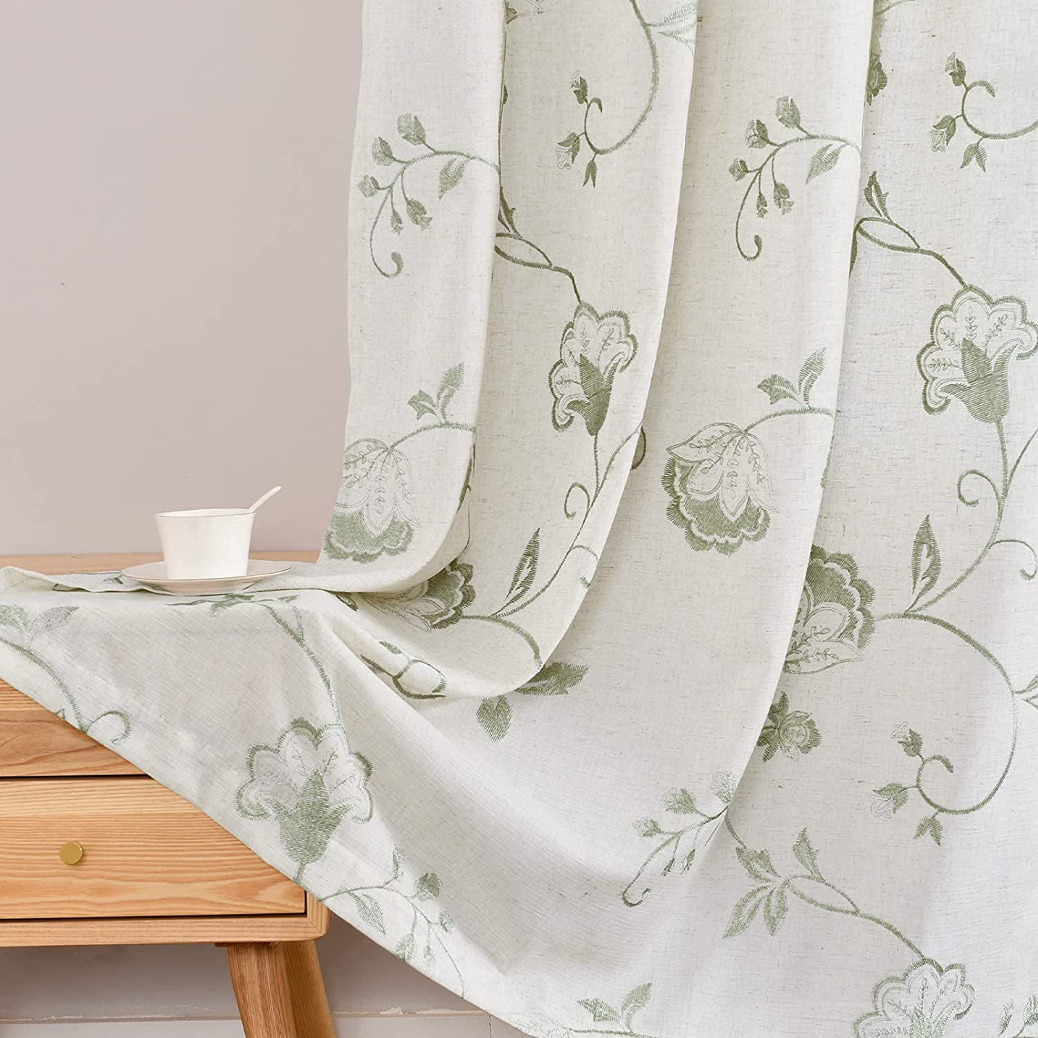 Curtainking Linen Curtains Floral Embroidery Grommet Curtains 50x84 inch for Bedroom 2 Panels Green
