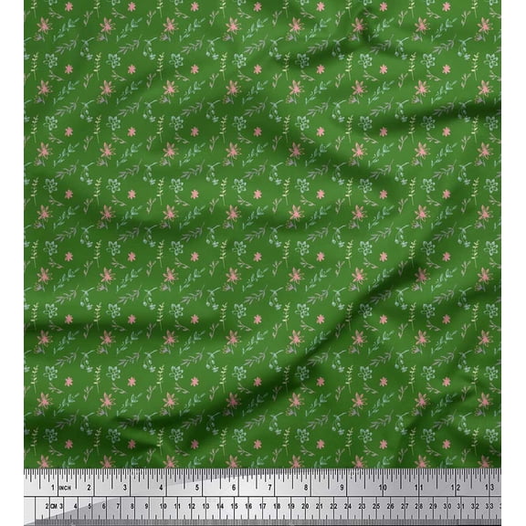 Soimoi Green Poly Georgette Fabric Floral & Leaves Print Fabric by the Yard 52 Inch Wide