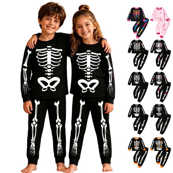 Bigetiay Girl Boy Halloween Pajamas Set Crewneck Soft Comfort Long Sleeve Skeleton Pajamas Set Graphic Loungewear Set Halloween Pajamas for Girls Size 9-10 Years