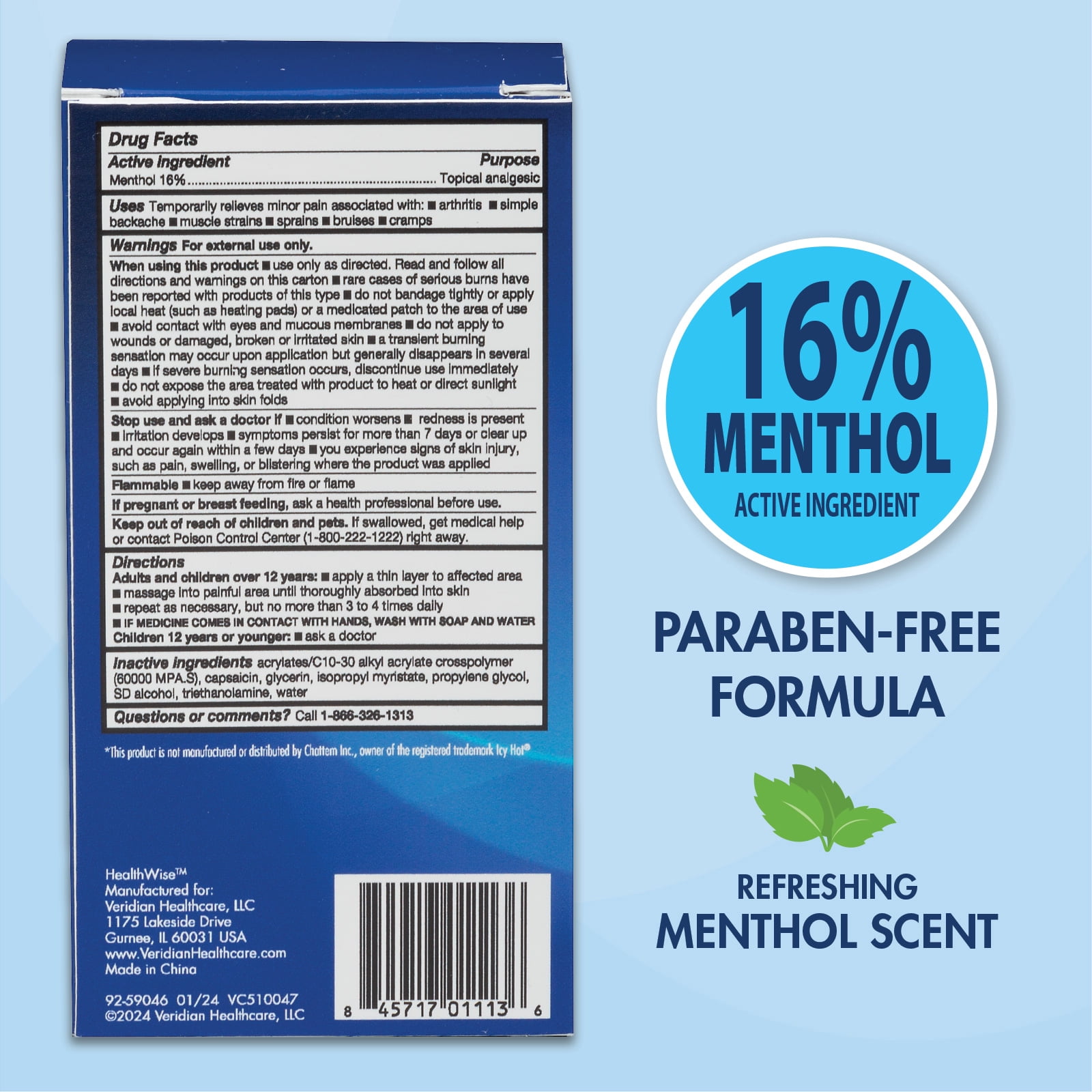 HealthWise 16% Menthol Roll-On | Cold Hot Sensation | Pain Relief Liquid | 2.5 oz. 73 mL | Non-Greasy Formula | Immediate Penetrating Action | Topical Analgesic