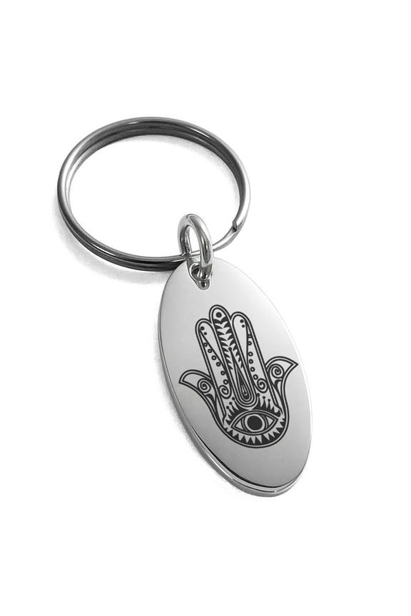 Stainless Steel Evil Eye Hamsa Hand of Fatima Engraved Small Oval Charm Keychain Keyring