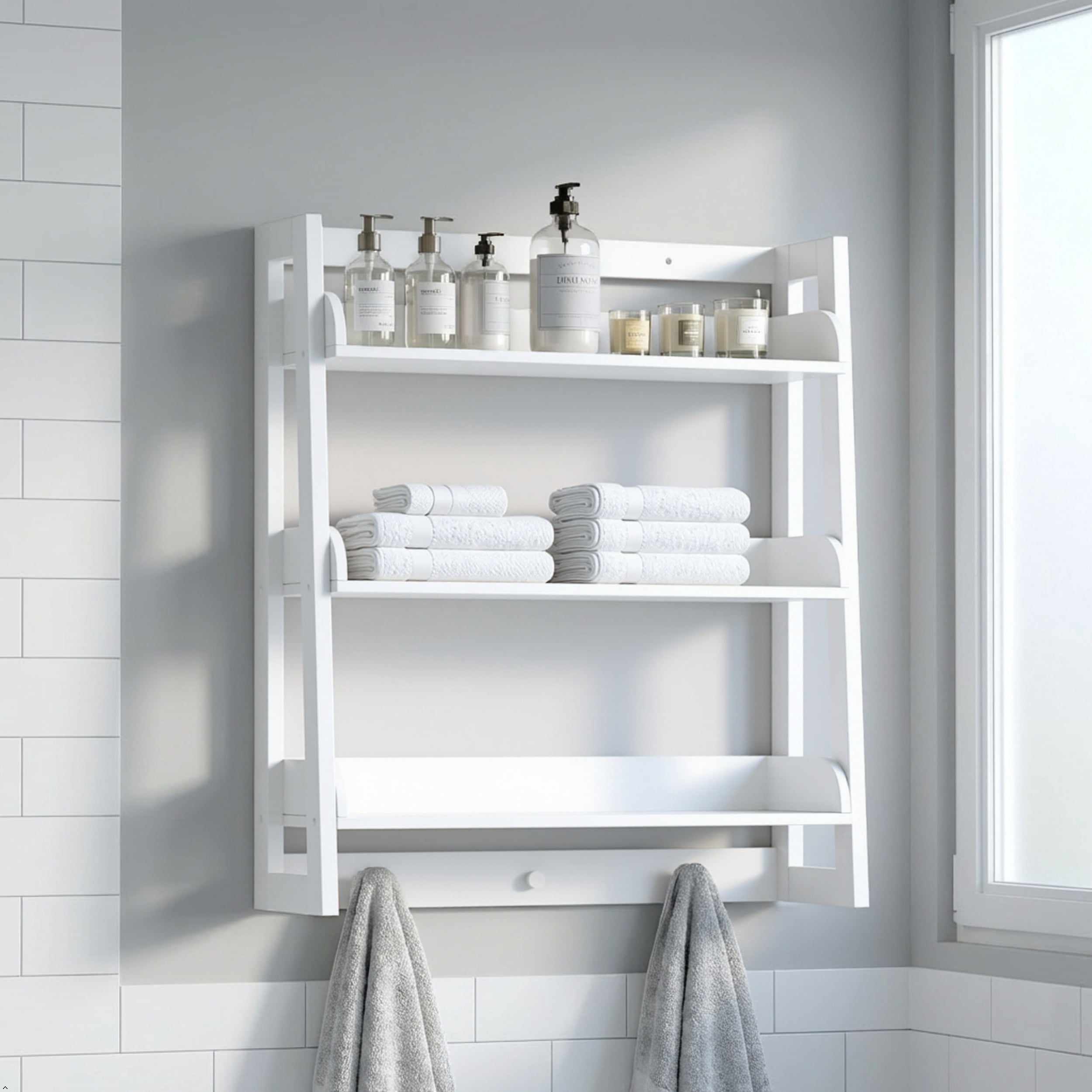 STAROUS  3 Tier Bathroom Shelf Wall Mounted with Towel Hooks, Bathroom Organizer Shelf Over The Toilet (White)